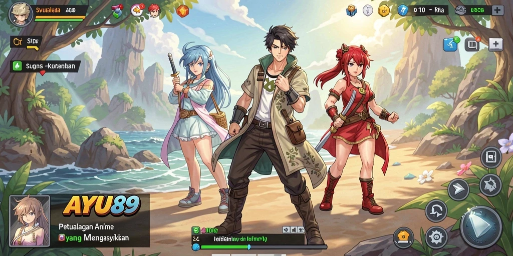 Tampilan screenshot AYU89 dengan karakter anime yang dinamis.