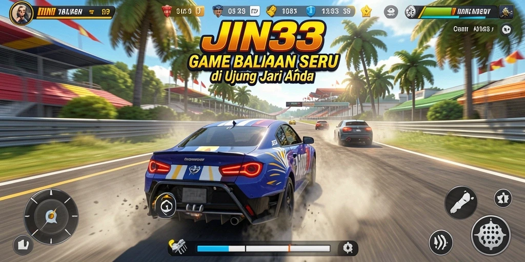 Screenshot utama JIN33 menunjukkan aksi balapan mendebarkan dengan kendaraan cepat.