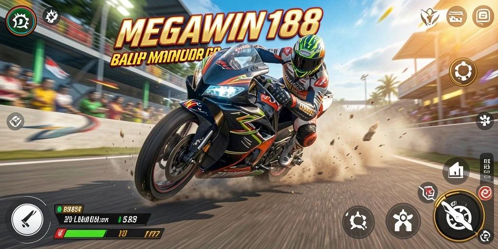 Screenshot MEGAWIN188 menunjukkan balapan motor yang mendebarkan.