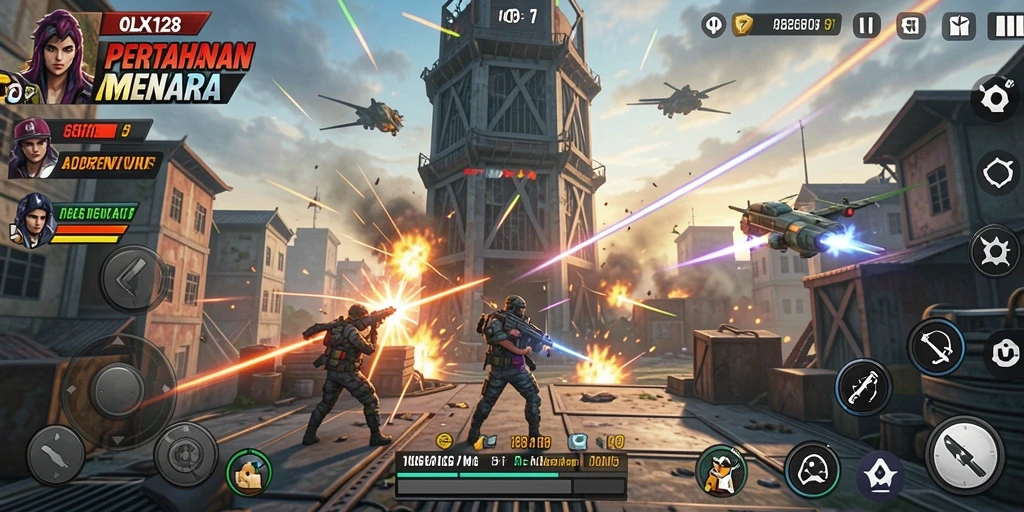 Screenshot utama gameplay Tower Defense dengan menara bertahan dari serangan musuh.