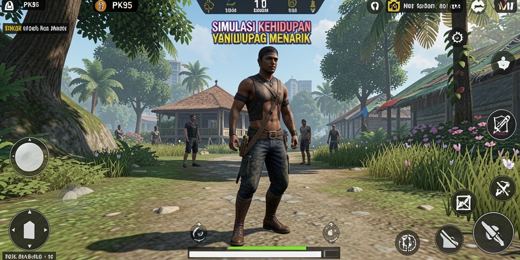 Screenshot utama PK95 menunjukkan gameplay simulasi kehidupan yang seru.