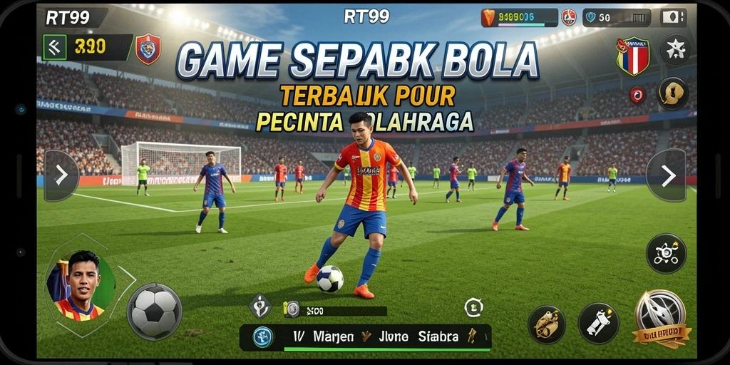 Tangkapan layar utama RT99 menampilkan aksi seru di lapangan sepak bola.
