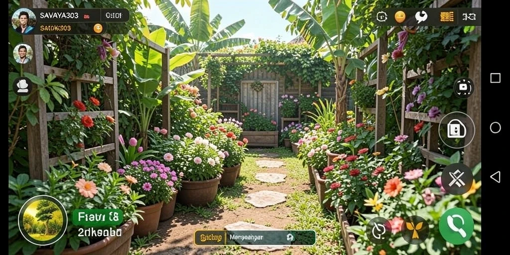 Tangkapan layar dari gameplay SAVAYA303 yang menampilkan kebun yang rimbun.